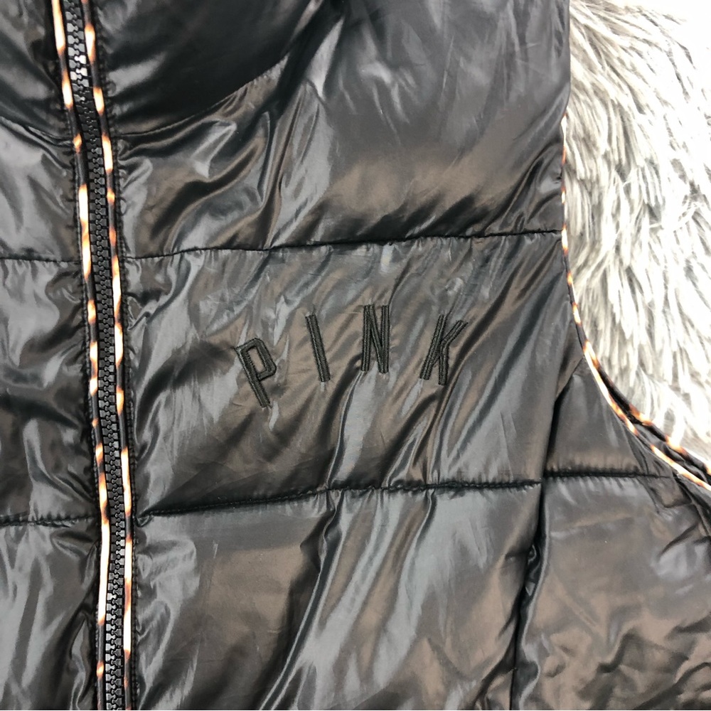 Pink Victorias Secret Jacket Small Black Puffer Full Zip Vest Cheetah Accent - Picture 4 of 12